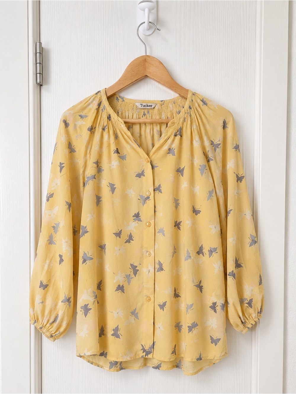 Tucker Silk Butterfly Print Blouse Petite P Yellow Smocked Balloon Sleeve